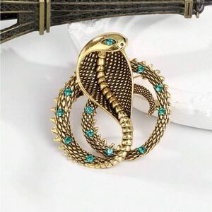 Gothic Cobra Snake Brooch, Antique Gold Color, Jewel eyes & Accents
